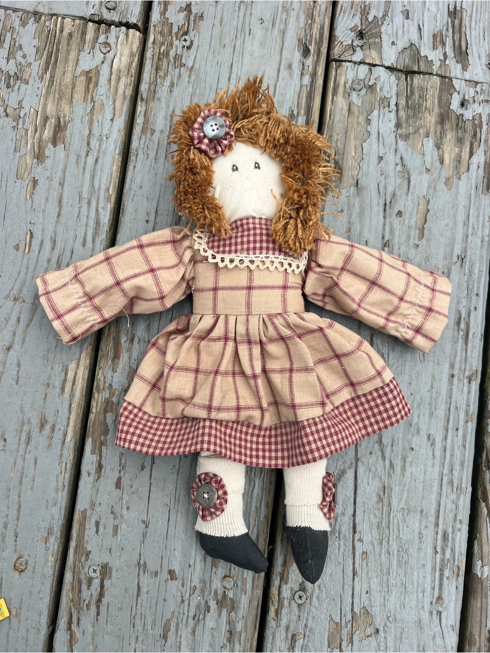 Vintage Beige and Burgundy Plaid Cloth Doll